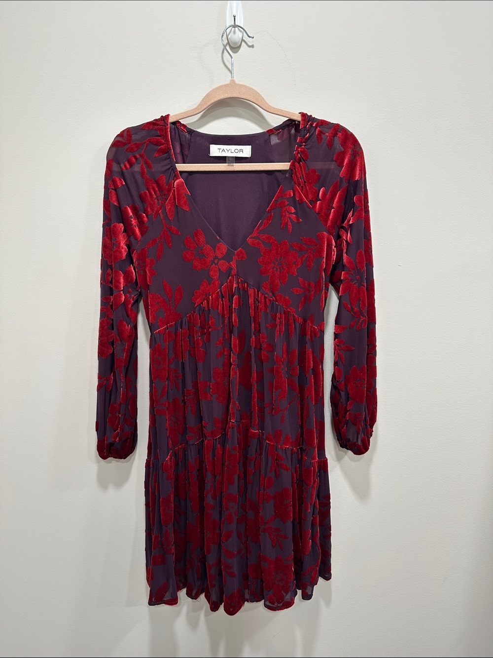 Dark Purple, long sleeved Dress with Red Floral Burnout Velvet